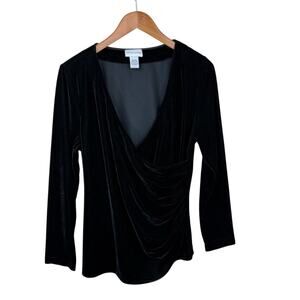 Soft Surroundings Women's Sz L Velvet Black Wrap Top Blouse Long Sleeve Holidays